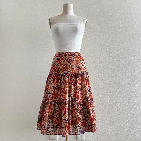 Ralph Lauren tan multi colored paisley-floral print prairie midi skirt - Picture 1 of 8